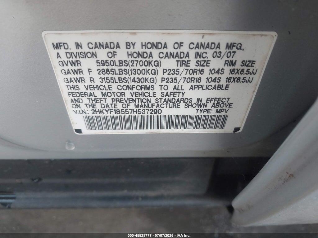 2HKYF18557H537290 2007 HONDA PILOT photo no. 9