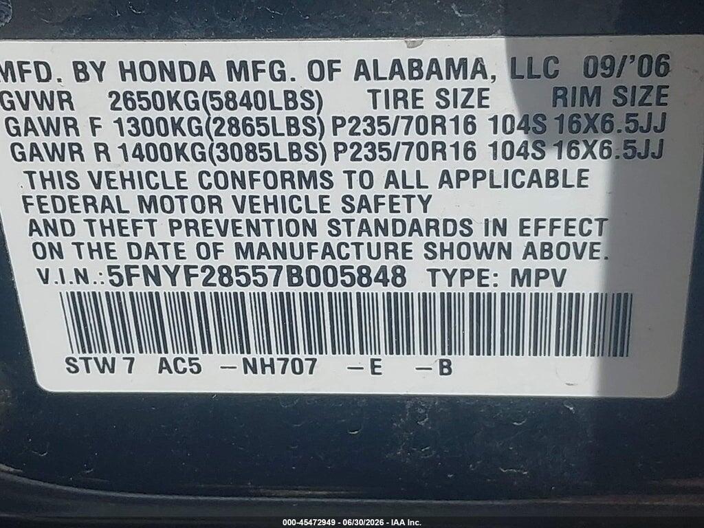 5FNYF28557B005848 2007 HONDA PILOT photo no. 9