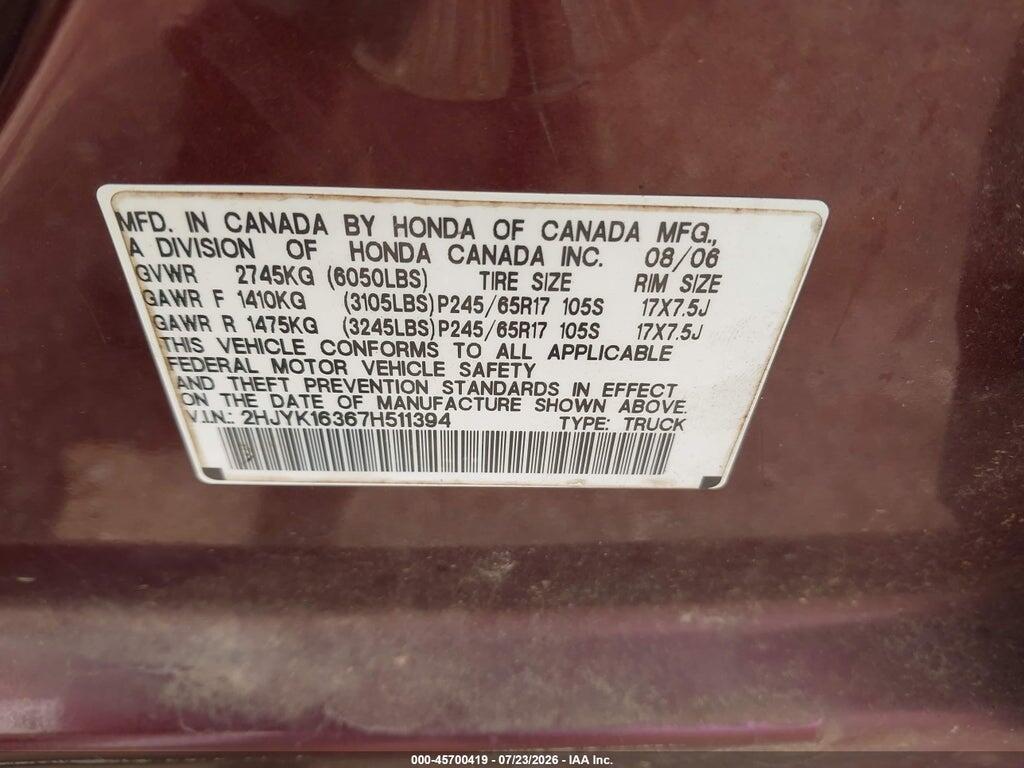 2HJYK16367H511394 2007 HONDA RIDGELINE photo no. 9