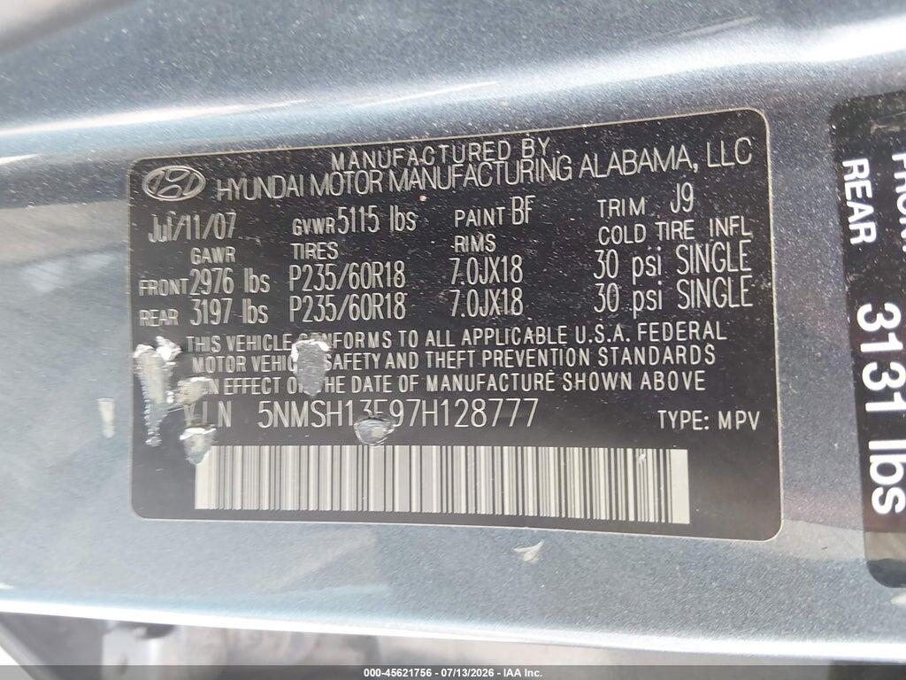 5NMSH13E97H128777 2007 HYUNDAI SANTA FE photo no. 9
