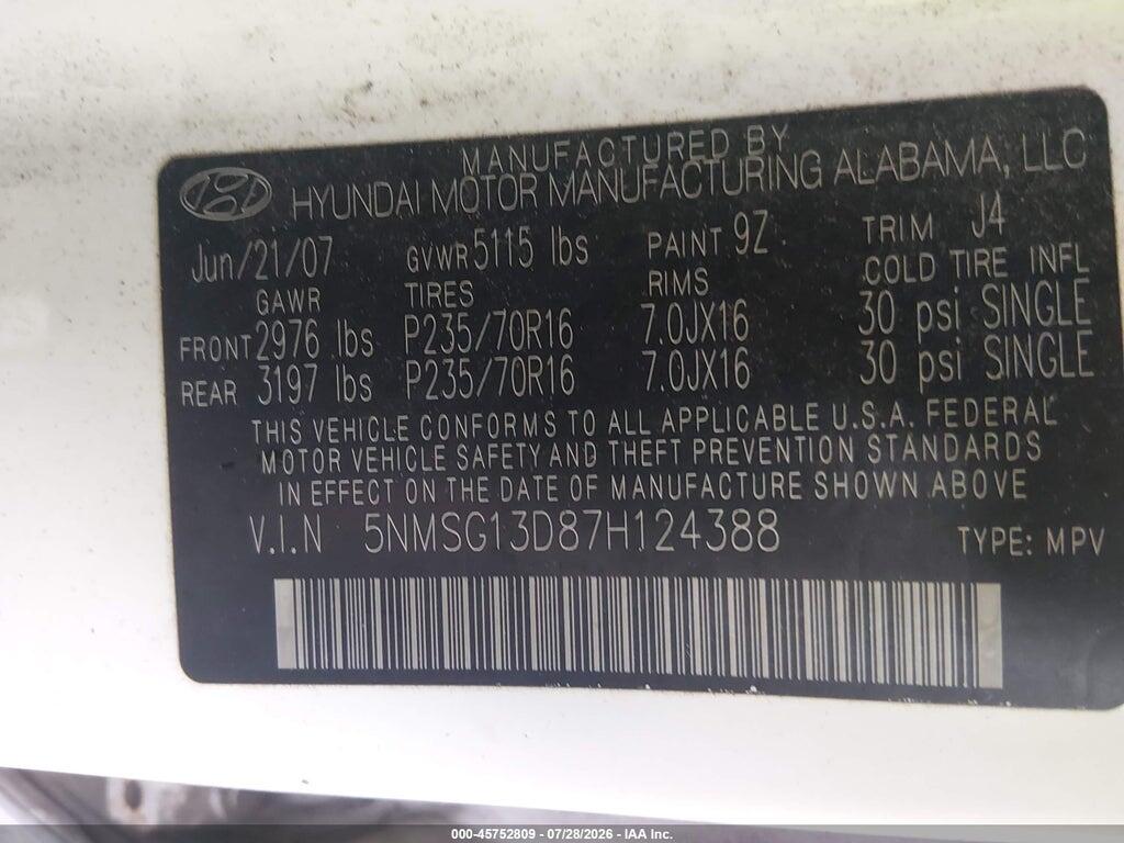 5NMSG13D87H124388 2007 HYUNDAI SANTA FE photo no. 9