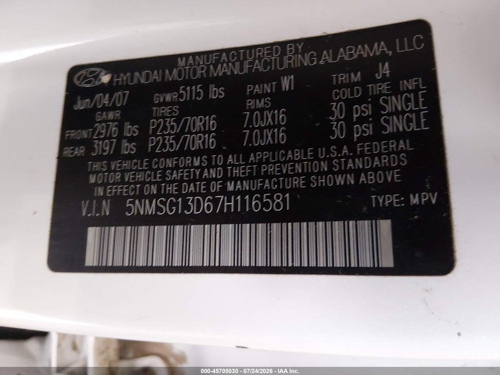 5NMSG13D67H116581 2007 HYUNDAI SANTA FE photo no. 9