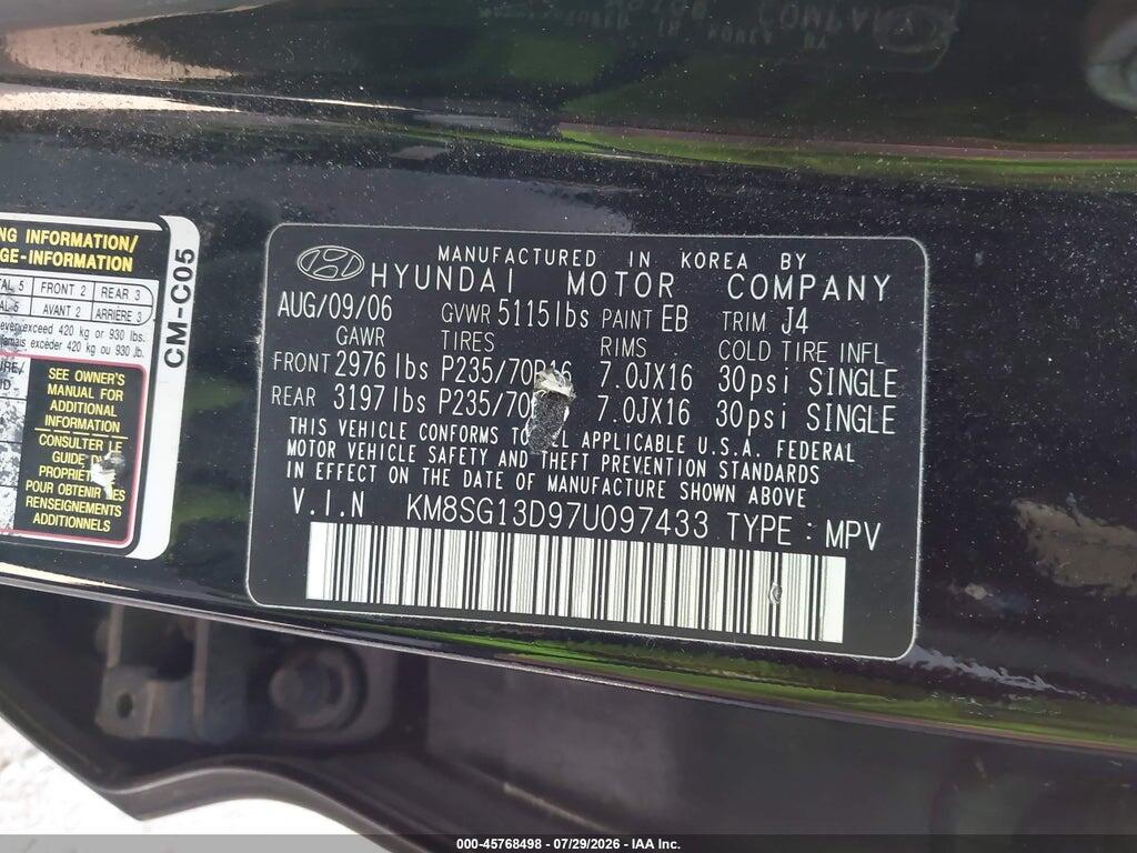 KM8SG13D97U097433 2007 HYUNDAI SANTA FE photo no. 9