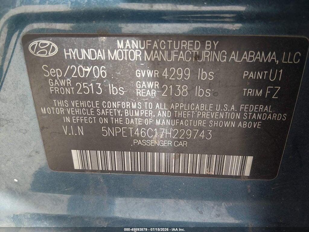 5NPET46C17H229743 2007 HYUNDAI SONATA photo no. 9