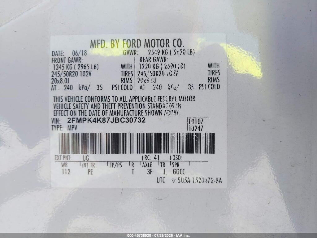 2FMPK4K87JBC30732 2018 FORD EDGE photo no. 9