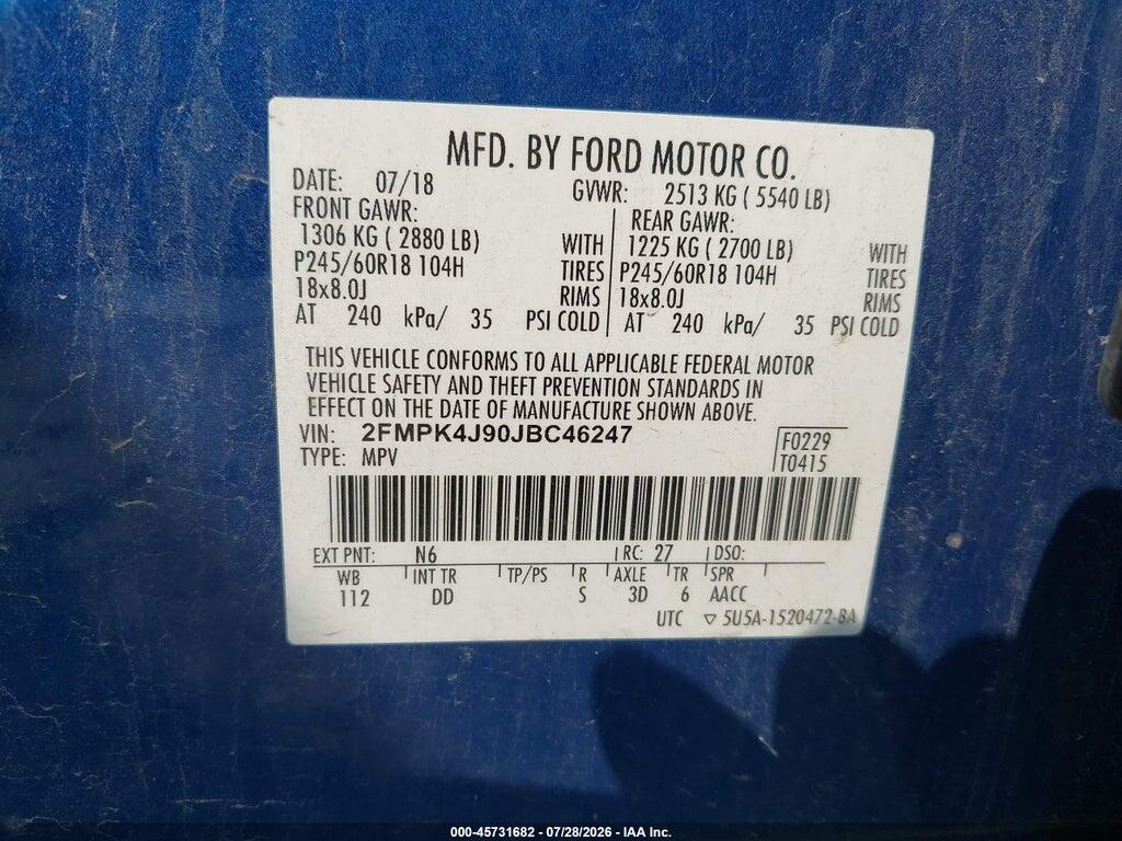 2FMPK4J90JBC46247 2018 FORD EDGE photo no. 9