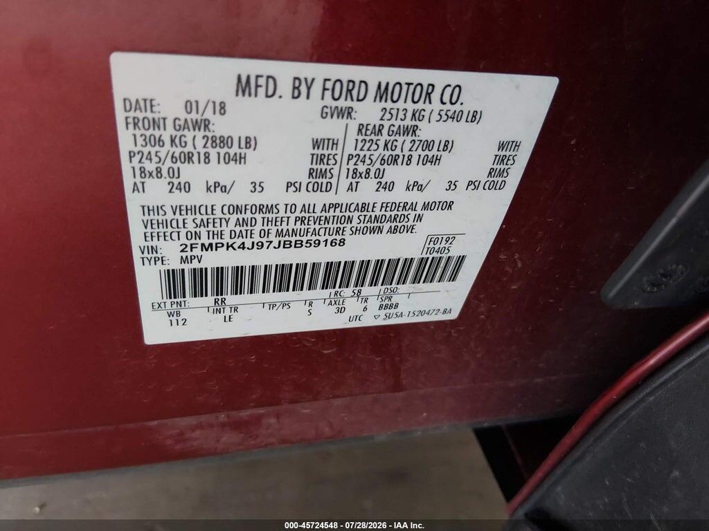 2FMPK4J97JBB59168 2018 FORD EDGE photo no. 9