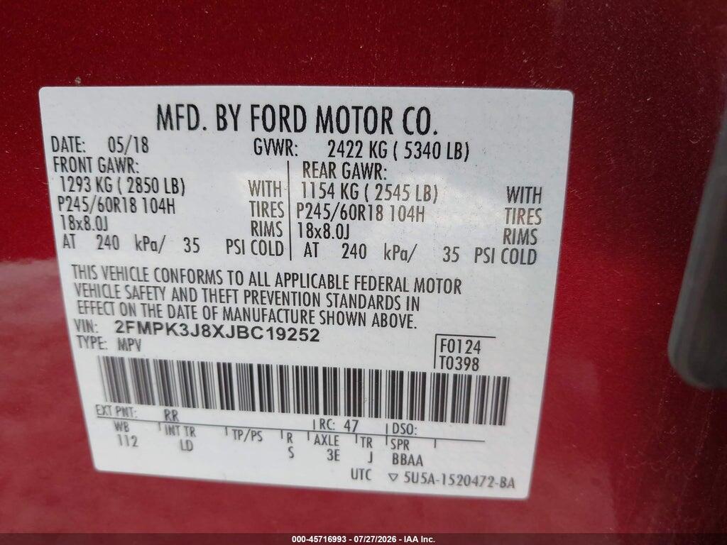 2FMPK3J8XJBC19252 2018 FORD EDGE photo no. 9