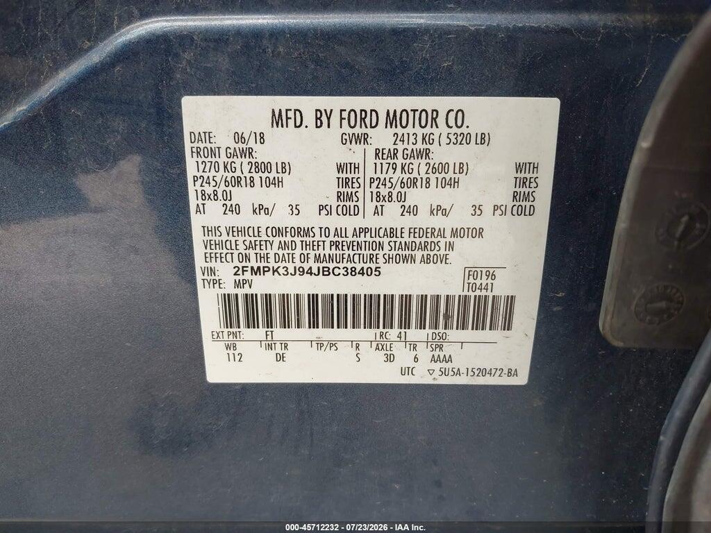 2FMPK3J94JBC38405 2018 FORD EDGE photo no. 9