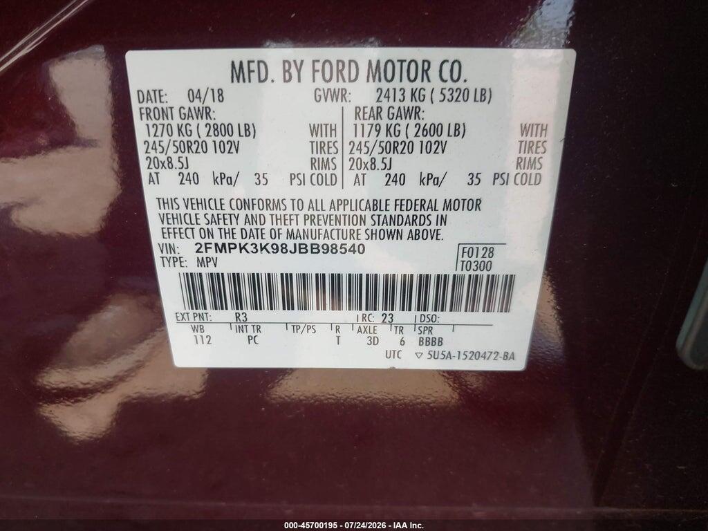 2FMPK3K98JBB98540 2018 FORD EDGE photo no. 9