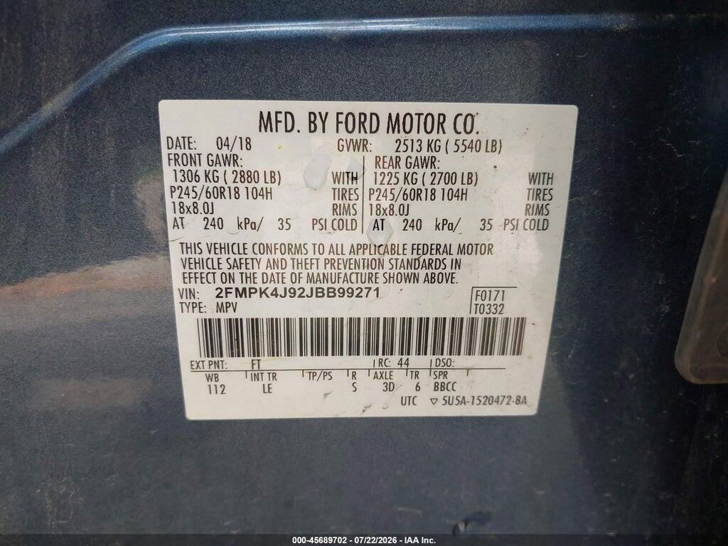 2FMPK4J92JBB99271 2018 FORD EDGE photo no. 9