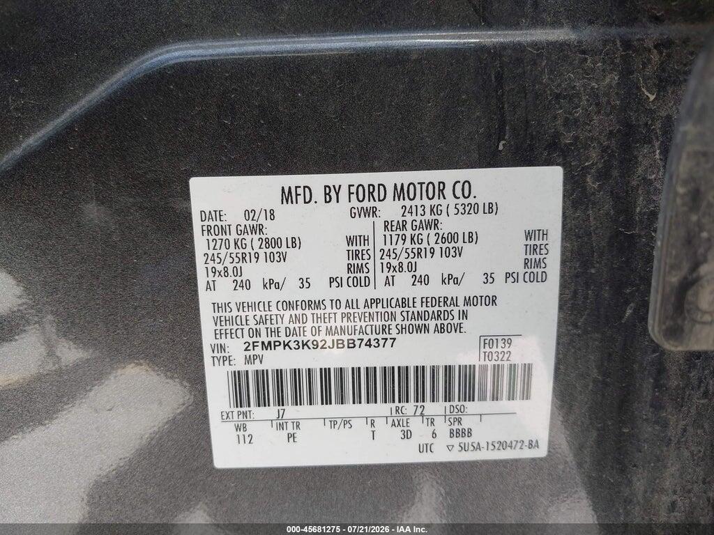 2FMPK3K92JBB74377 2018 FORD EDGE photo no. 9