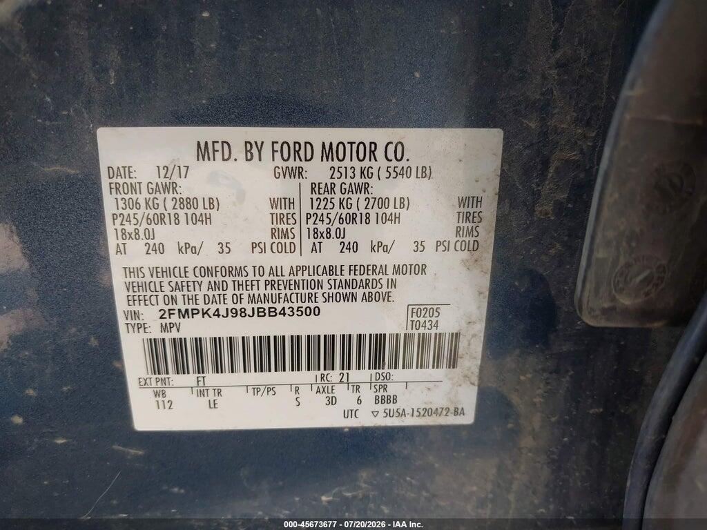 2FMPK4J98JBB43500 2018 FORD EDGE photo no. 9
