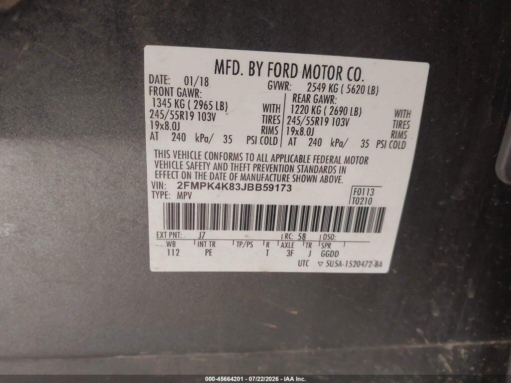 2FMPK4K83JBB59173 2018 FORD EDGE photo no. 9