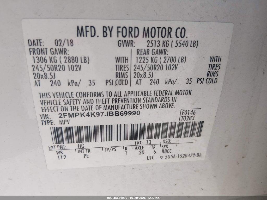2FMPK4K97JBB69990 2018 FORD EDGE photo no. 9