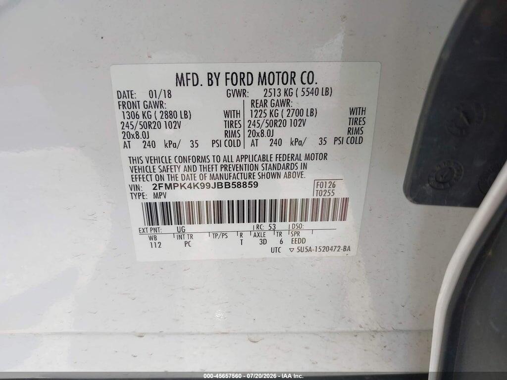 2FMPK4K99JBB58859 2018 FORD EDGE photo no. 9