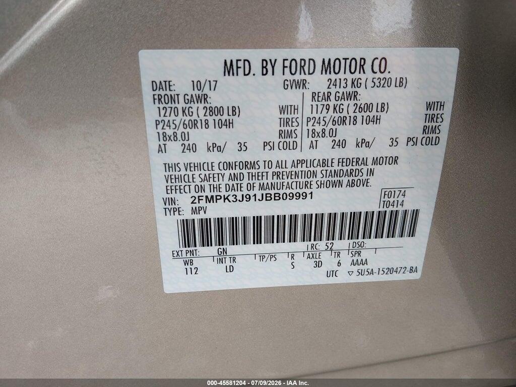 2FMPK3J91JBB09991 2018 FORD EDGE photo no. 9