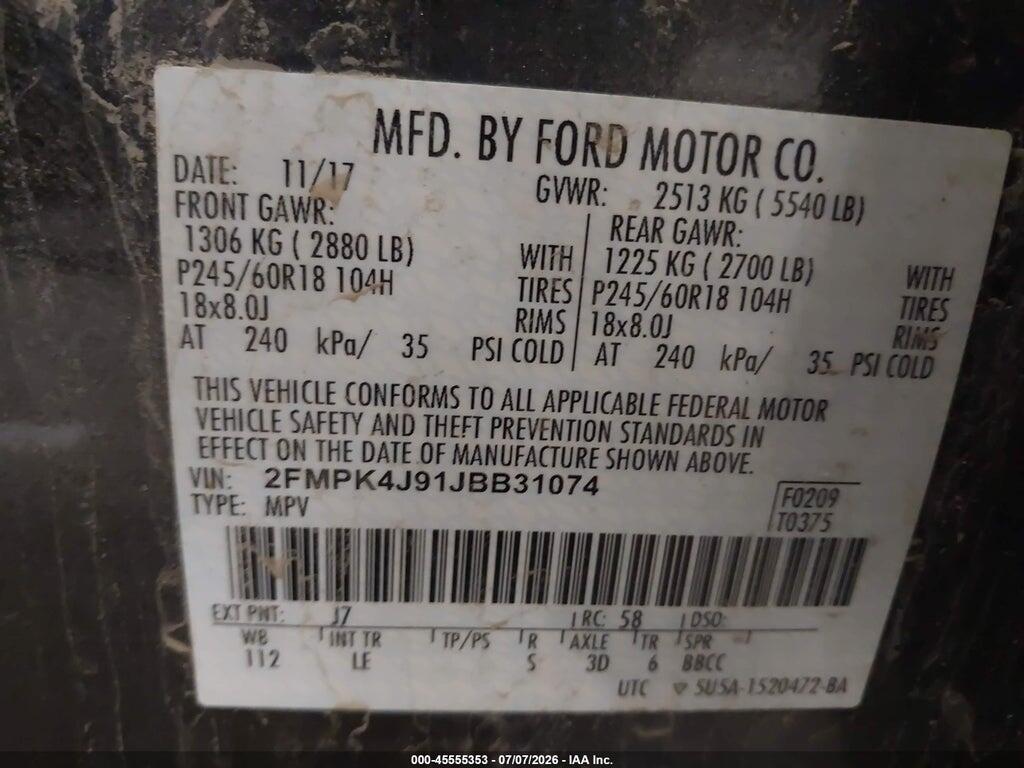 2FMPK4J91JBB31074 2018 FORD EDGE photo no. 9