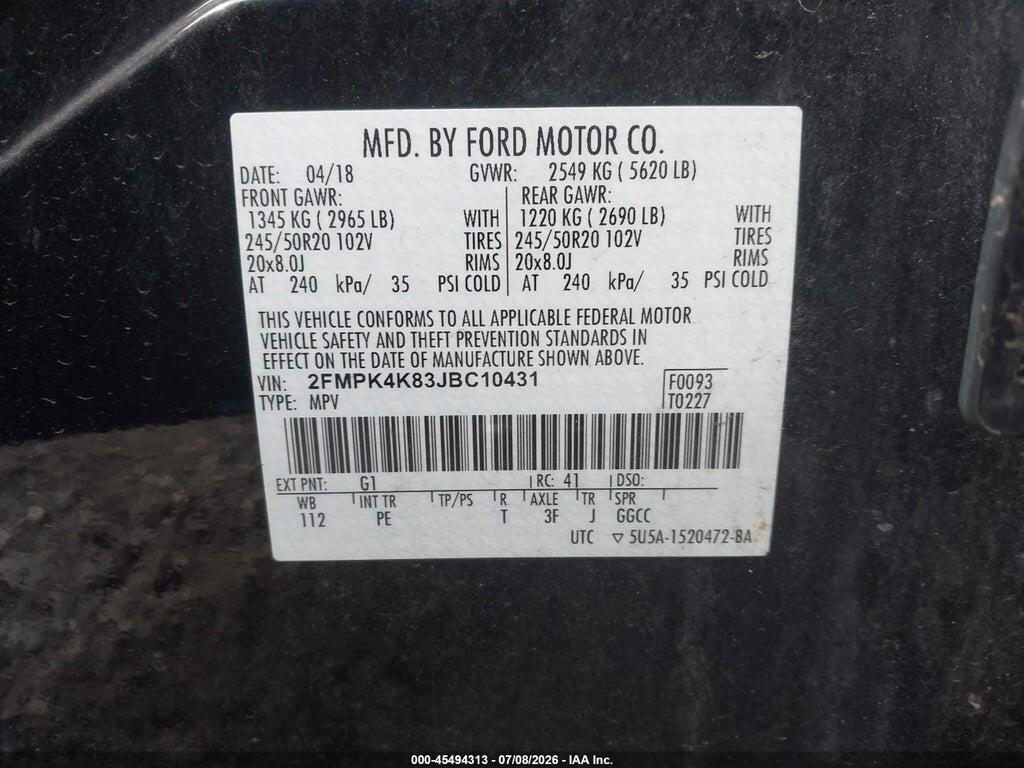 2FMPK4K83JBC10431 2018 FORD EDGE photo no. 9
