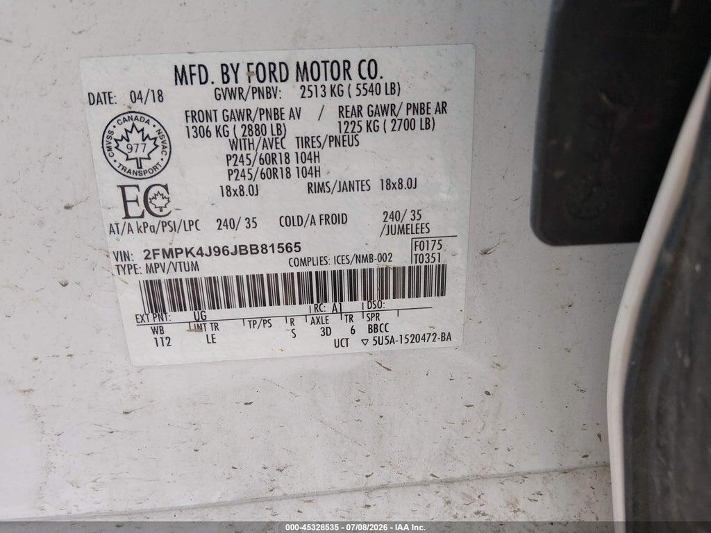 2FMPK4J96JBB81565 2018 FORD EDGE photo no. 9