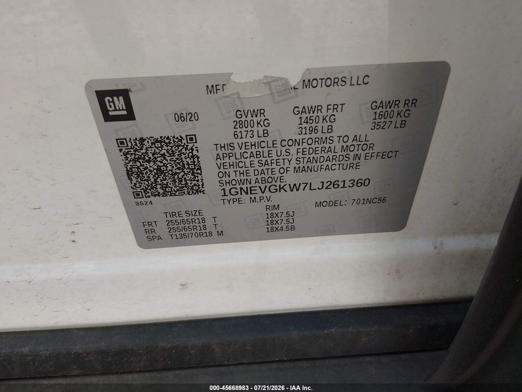 1GNEVGKW7LJ261360 2020 CHEVROLET TRAVERSE photo no. 9