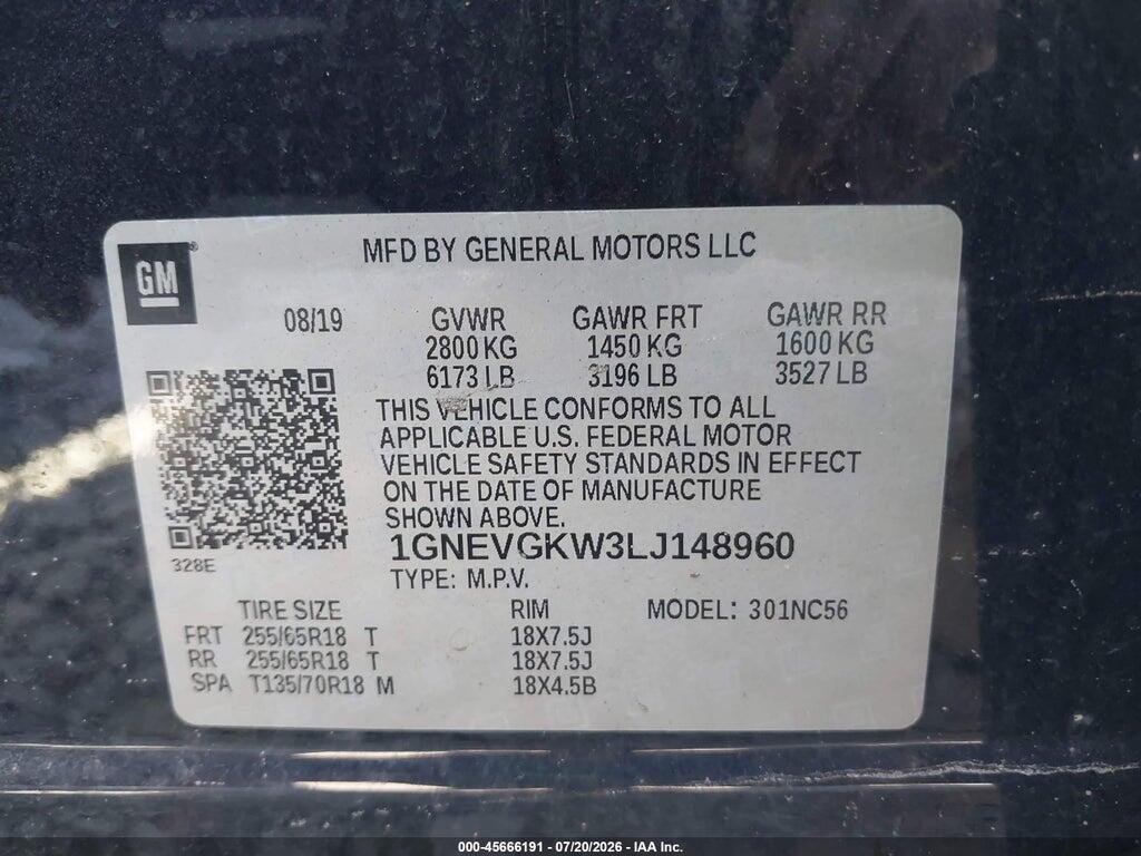 1GNEVGKW3LJ148960 2020 CHEVROLET TRAVERSE photo no. 9