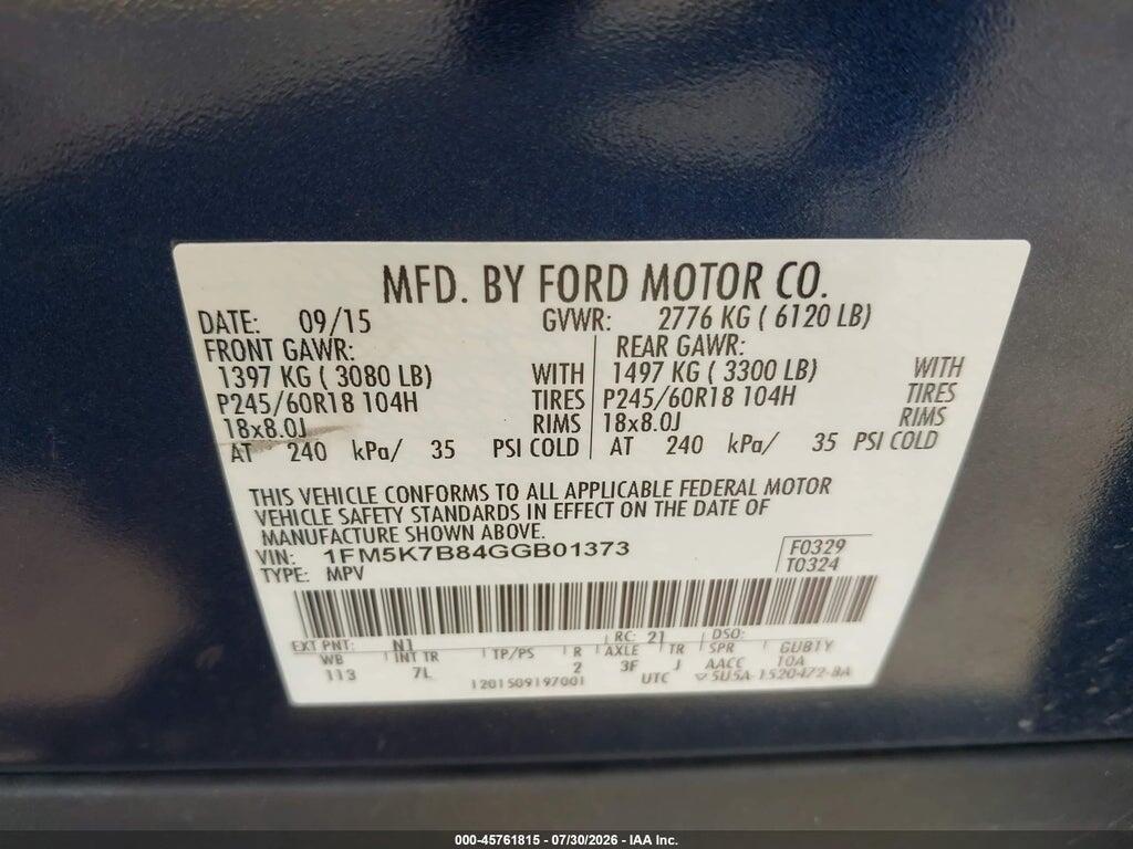 1FM5K7B84GGB01373 2016 FORD EXPLORER photo no. 9