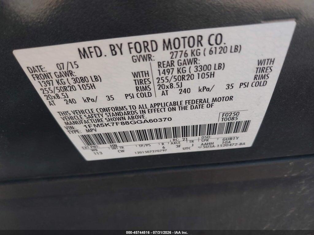 1FM5K7F88GGA60370 2016 FORD EXPLORER photo no. 9