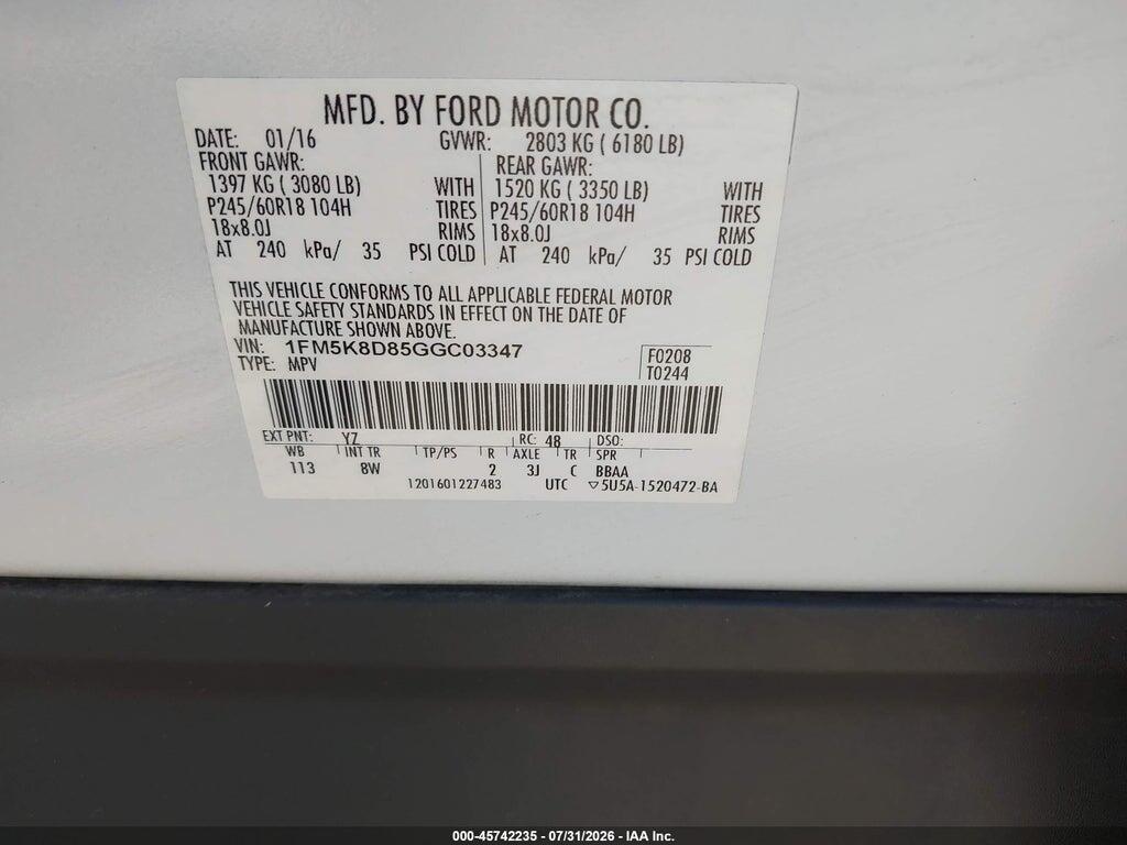 1FM5K8D85GGC03347 2016 FORD EXPLORER photo no. 9