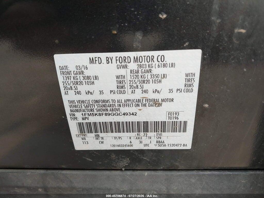1FM5K8F89GGC49342 2016 FORD EXPLORER photo no. 9