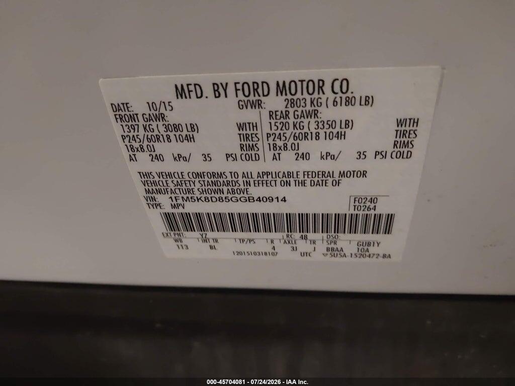 1FM5K8D85GGB40914 2016 FORD EXPLORER photo no. 9