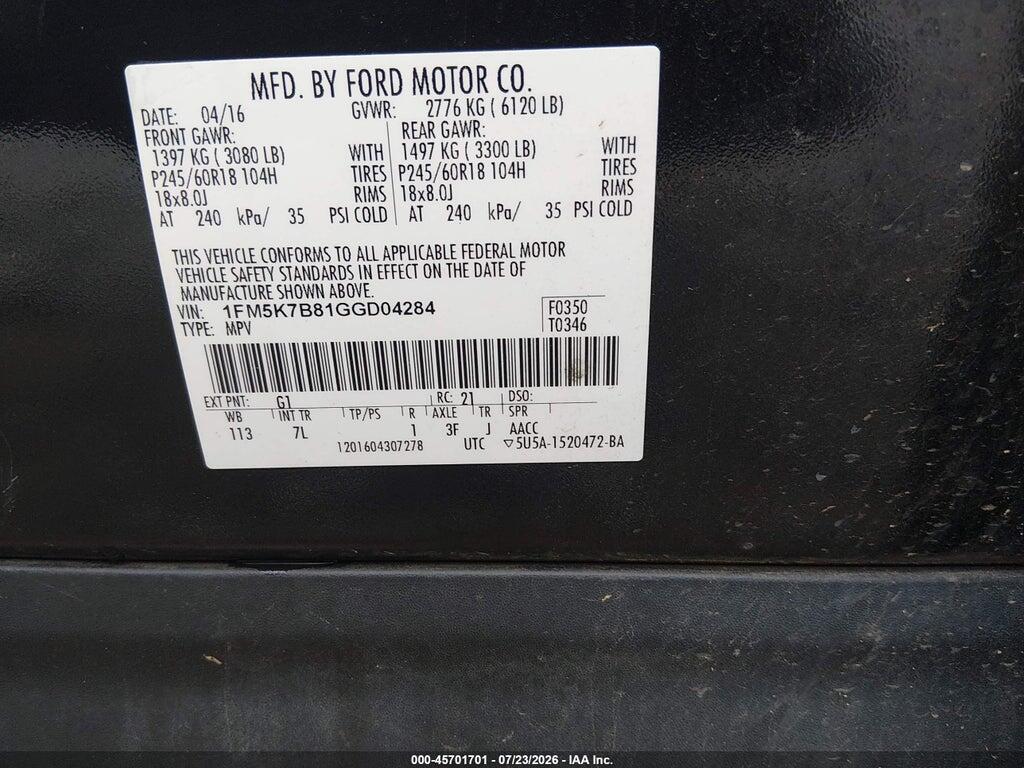 1FM5K7B81GGD04284 2016 FORD EXPLORER photo no. 9