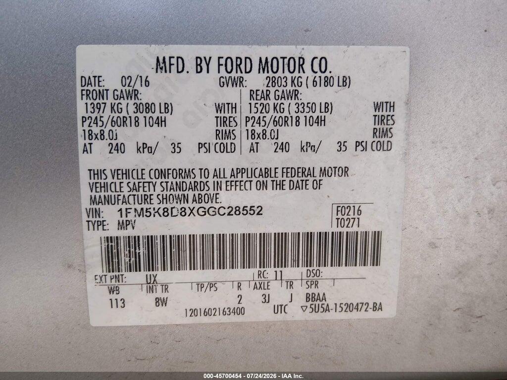 1FM5K8D8XGGC28552 2016 FORD EXPLORER photo no. 9