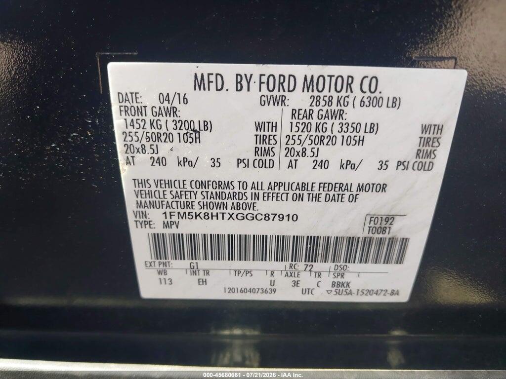 1FM5K8HTXGGC87910 2016 FORD EXPLORER photo no. 9