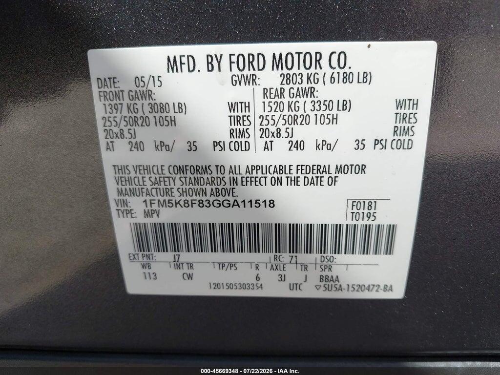 1FM5K8F83GGA11518 2016 FORD EXPLORER photo no. 9