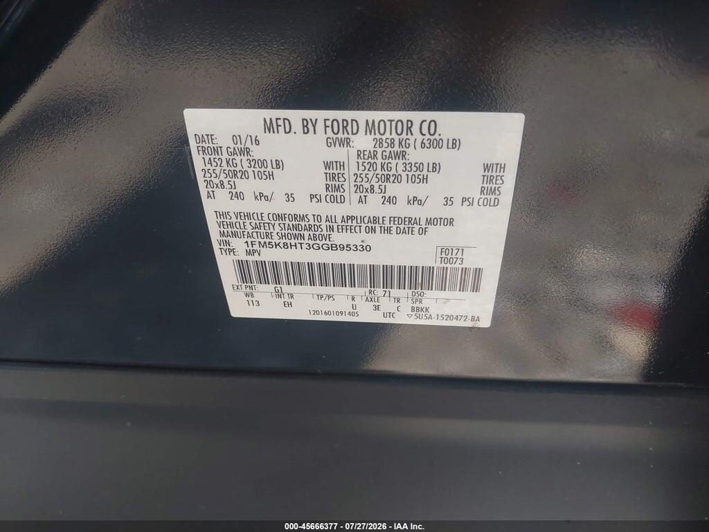 1FM5K8HT3GGB95330 2016 FORD EXPLORER photo no. 9