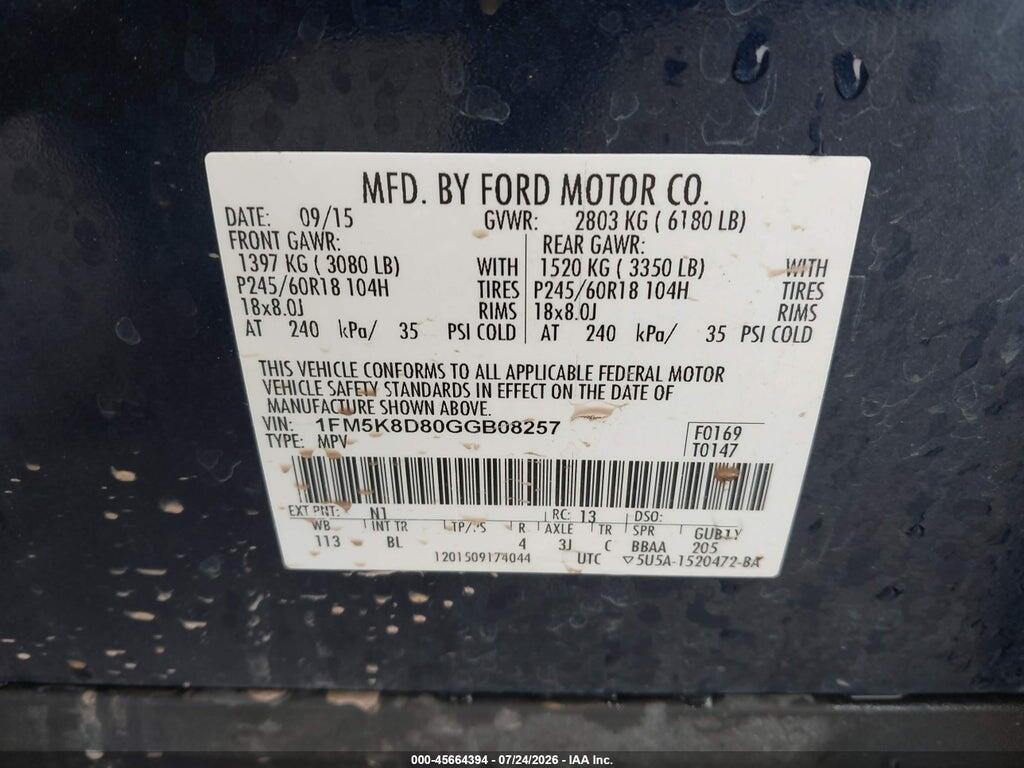 1FM5K8D80GGB08257 2016 FORD EXPLORER photo no. 9