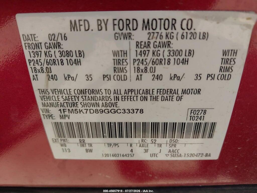 1FM5K7D89GGC33378 2016 FORD EXPLORER photo no. 9