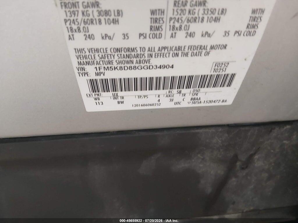 1FM5K8D88GGD34904 2016 FORD EXPLORER photo no. 9