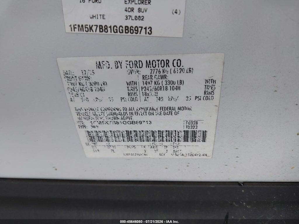 1FM5K7B81GGB69713 2016 FORD EXPLORER photo no. 9
