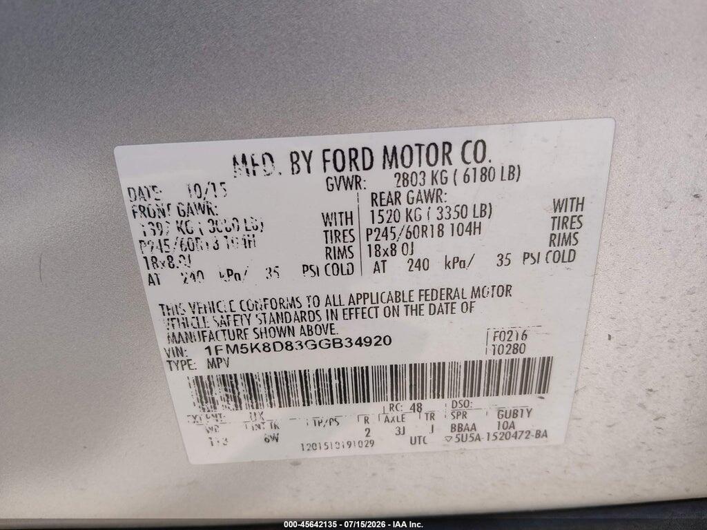1FM5K8D83GGB34920 2016 FORD EXPLORER photo no. 9