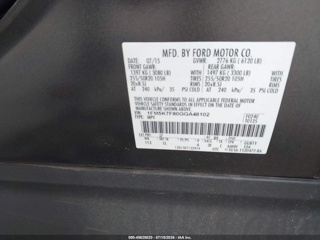 1FM5K7F80GGA48102 2016 FORD EXPLORER photo no. 9