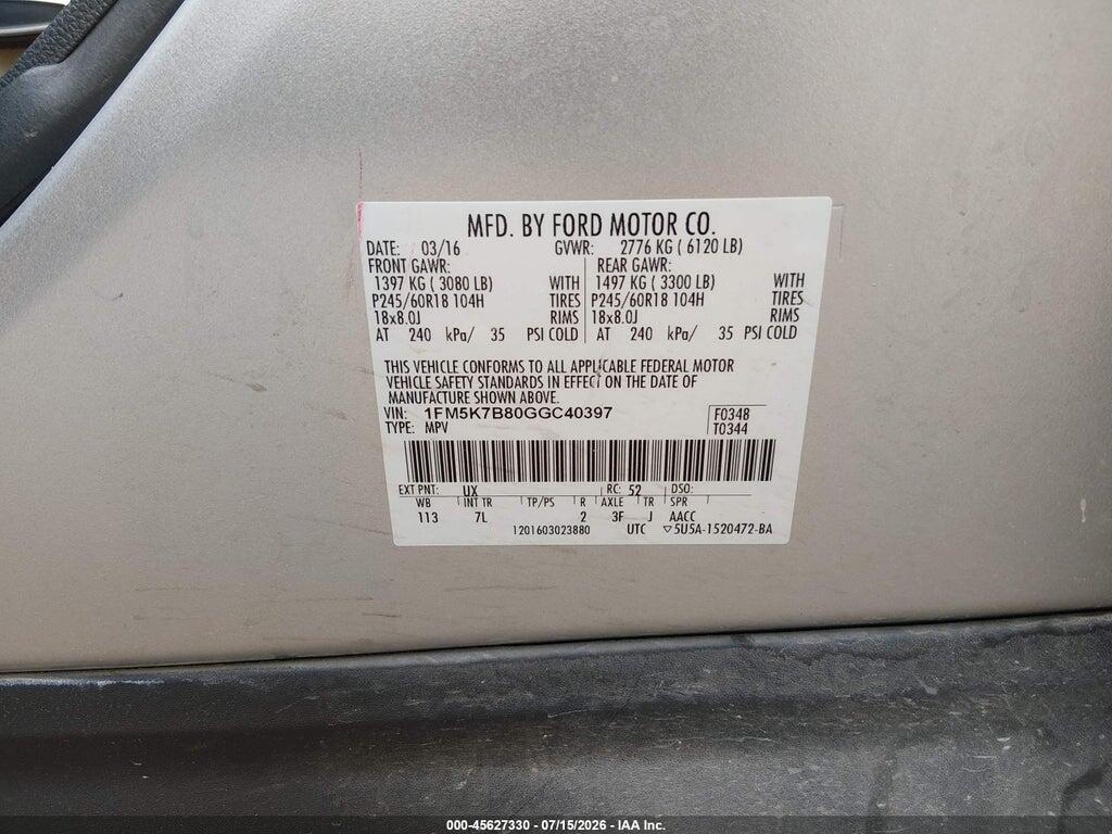 1FM5K7B80GGC40397 2016 FORD EXPLORER photo no. 9