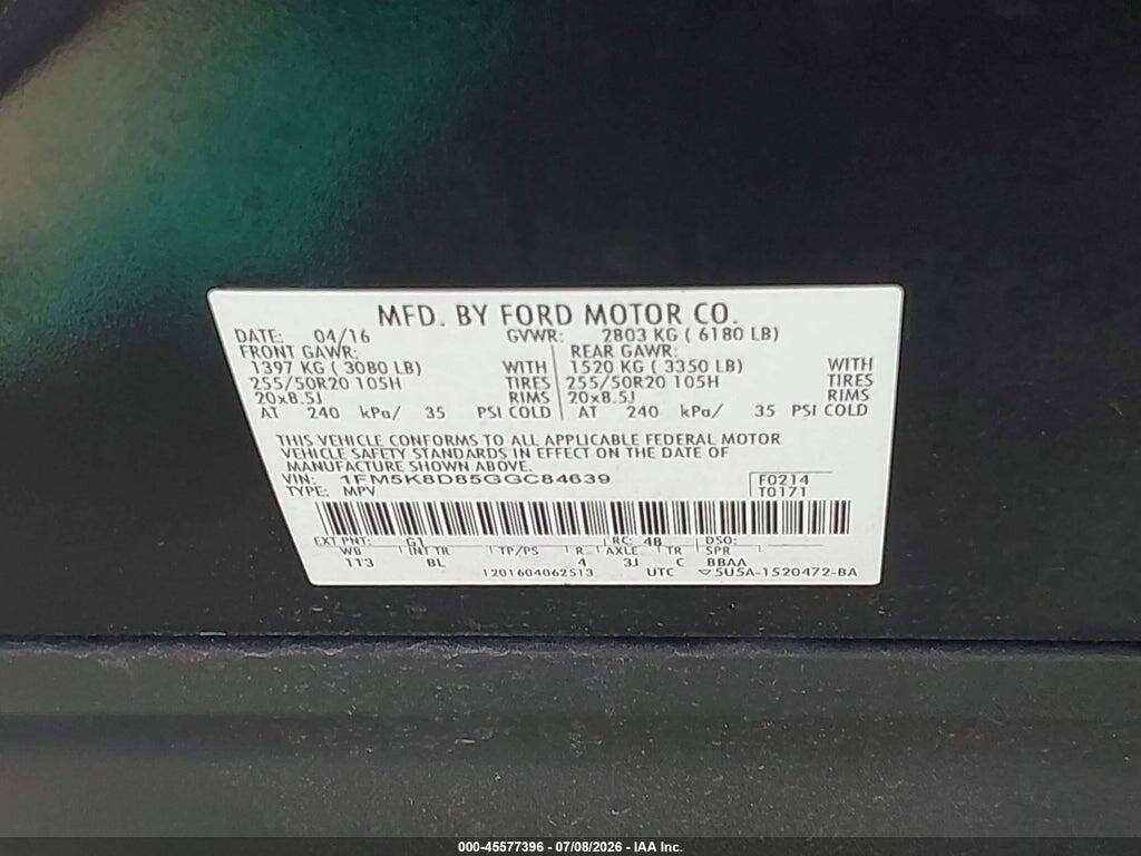1FM5K8D85GGC84639 2016 FORD EXPLORER photo no. 9