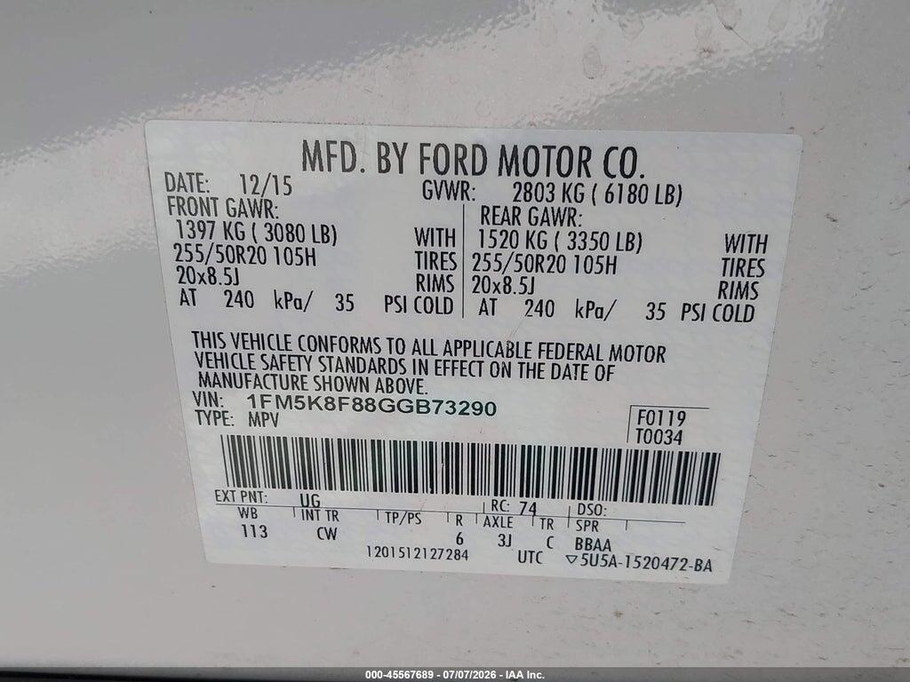 1FM5K8F88GGB73290 2016 FORD EXPLORER photo no. 9