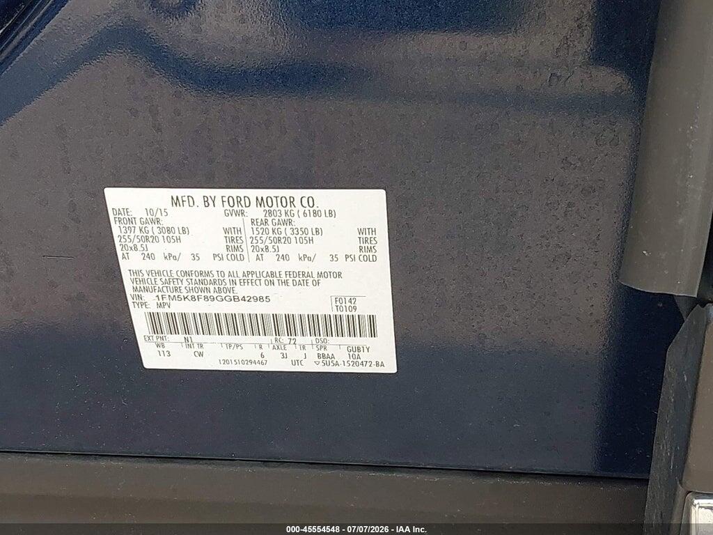1FM5K8F89GGB42985 2016 FORD EXPLORER photo no. 9