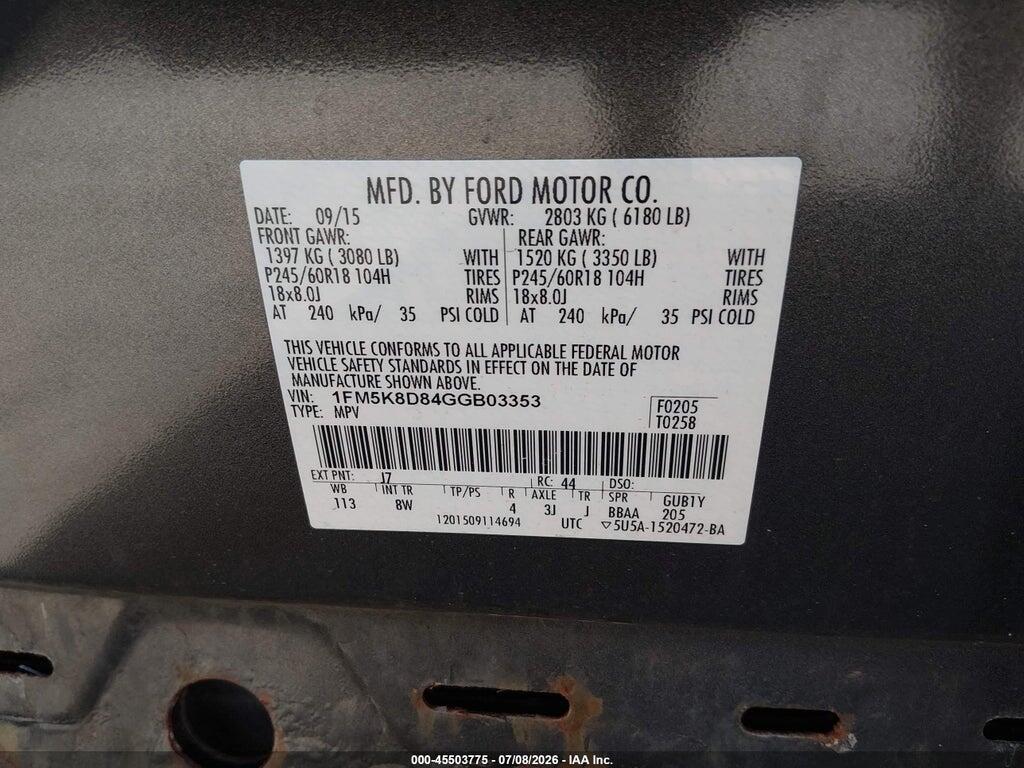1FM5K8D84GGB03353 2016 FORD EXPLORER photo no. 9