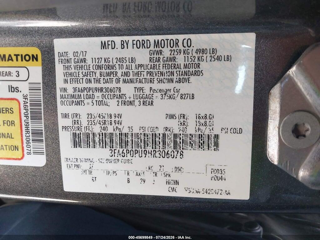 3FA6P0PU9HR306078 2017 FORD FUSION ENERGI photo no. 9