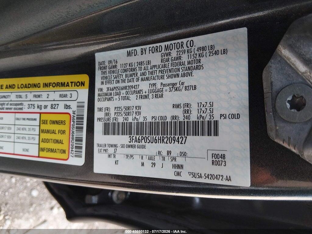 3FA6P0SU6HR209427 2017 FORD FUSION ENERGI photo no. 9