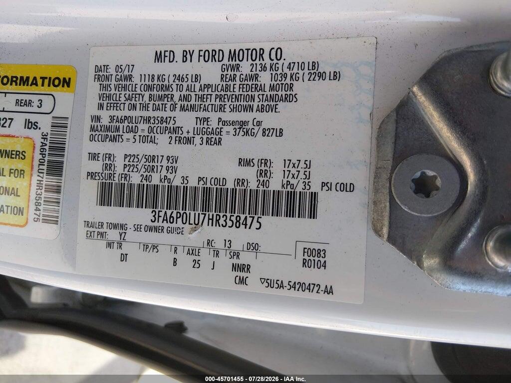 3FA6P0LU7HR358475 2017 FORD FUSION HYBRID photo no. 9